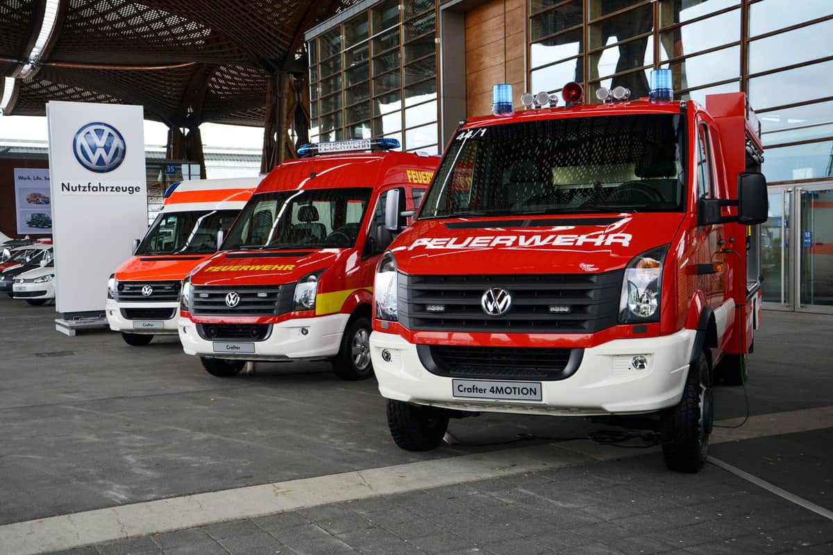 Volkswagen Crafter vehicles in firetruck and ambulance versions on the motor show