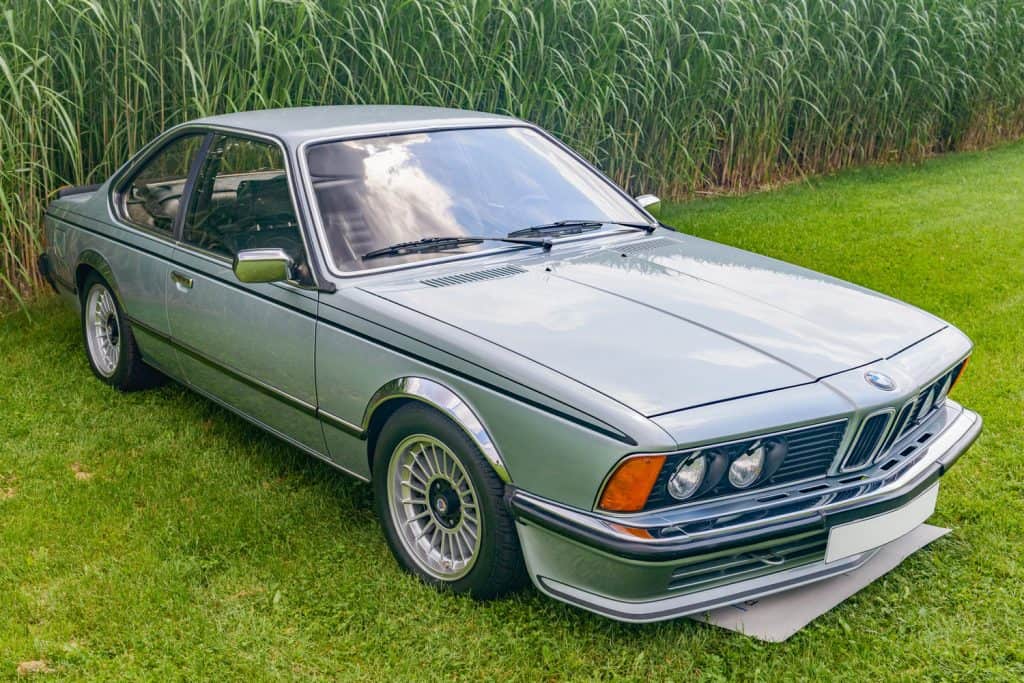BMW 635 CSI coupe sports car front view. The car is on display during the 2014 Classic Days