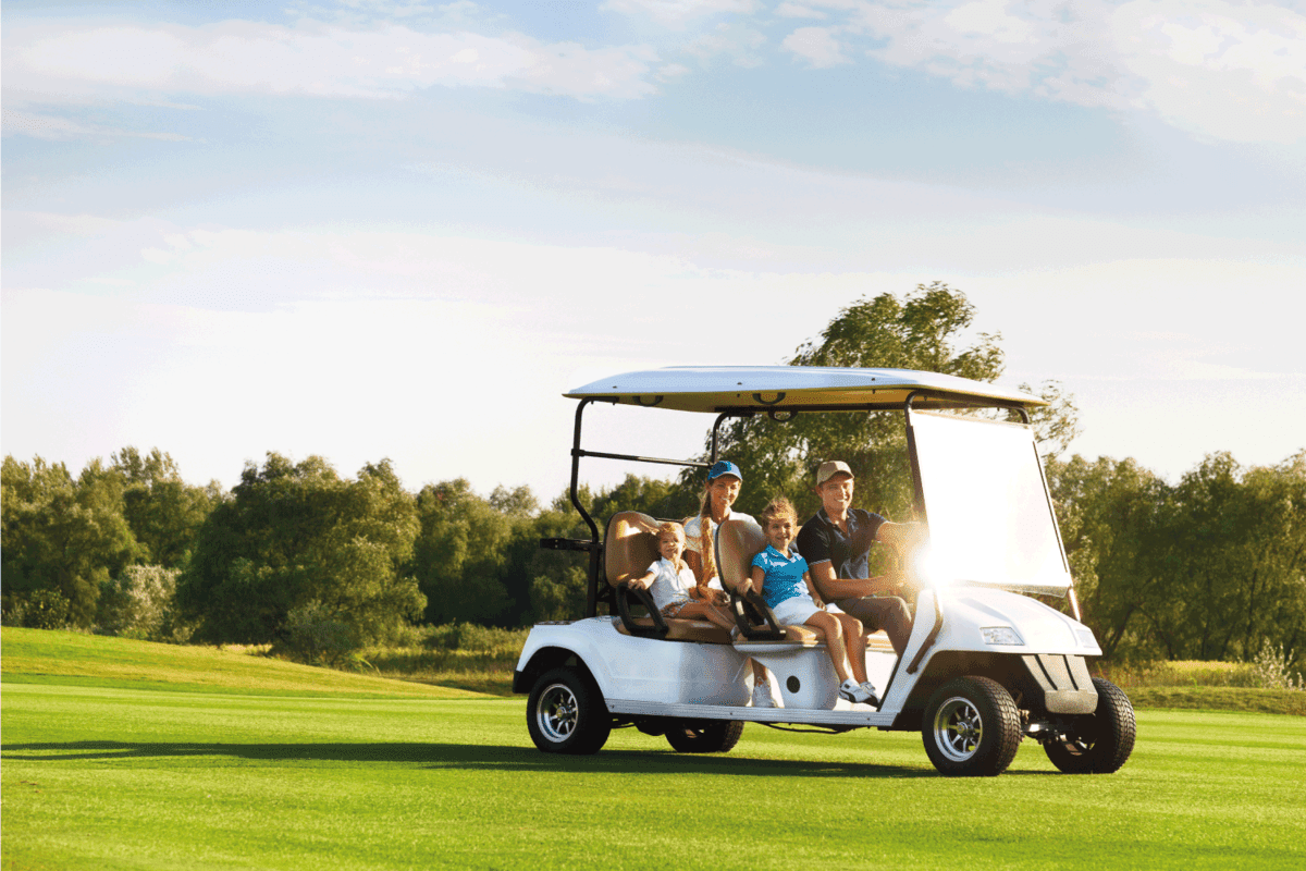 Beautiful family portrait in a cart at the golf course