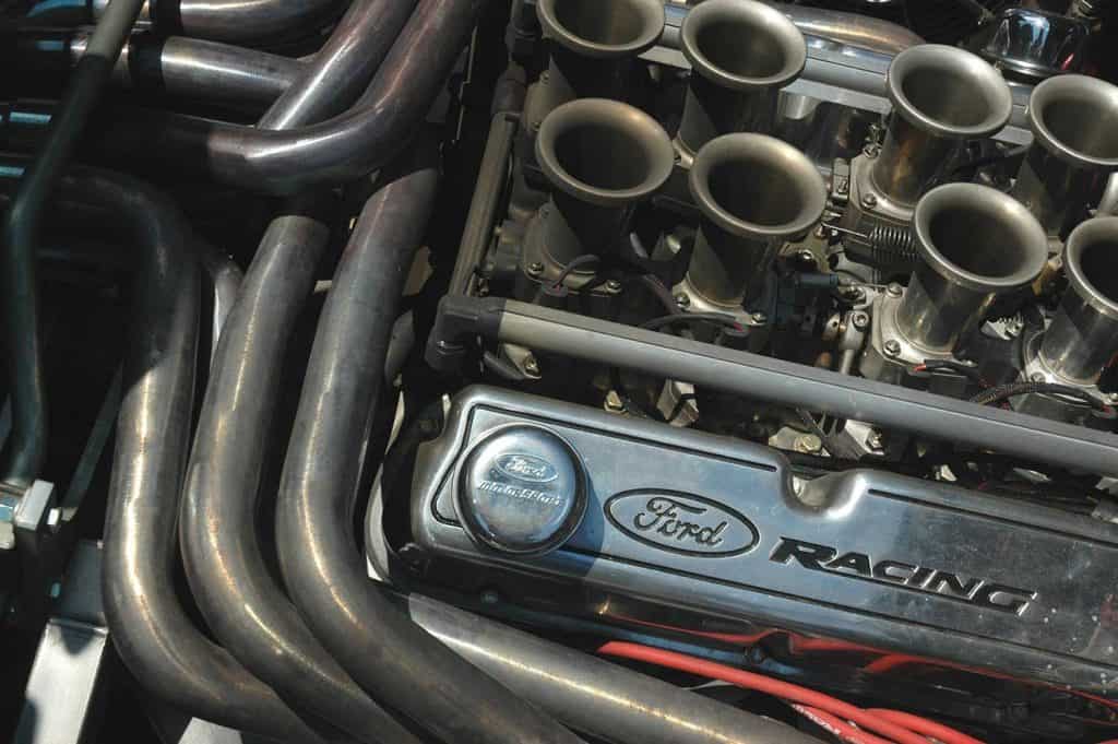 A close look under the hood of a Ford GT-40 racing coupe