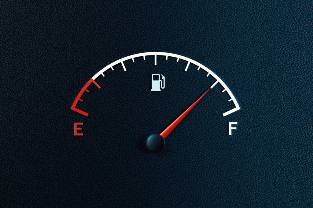 A fuel gauge indicating fuel is near full