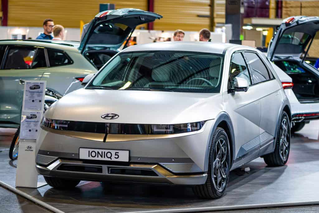 A gray Hyundai Ioniq 5 displayed at the car show