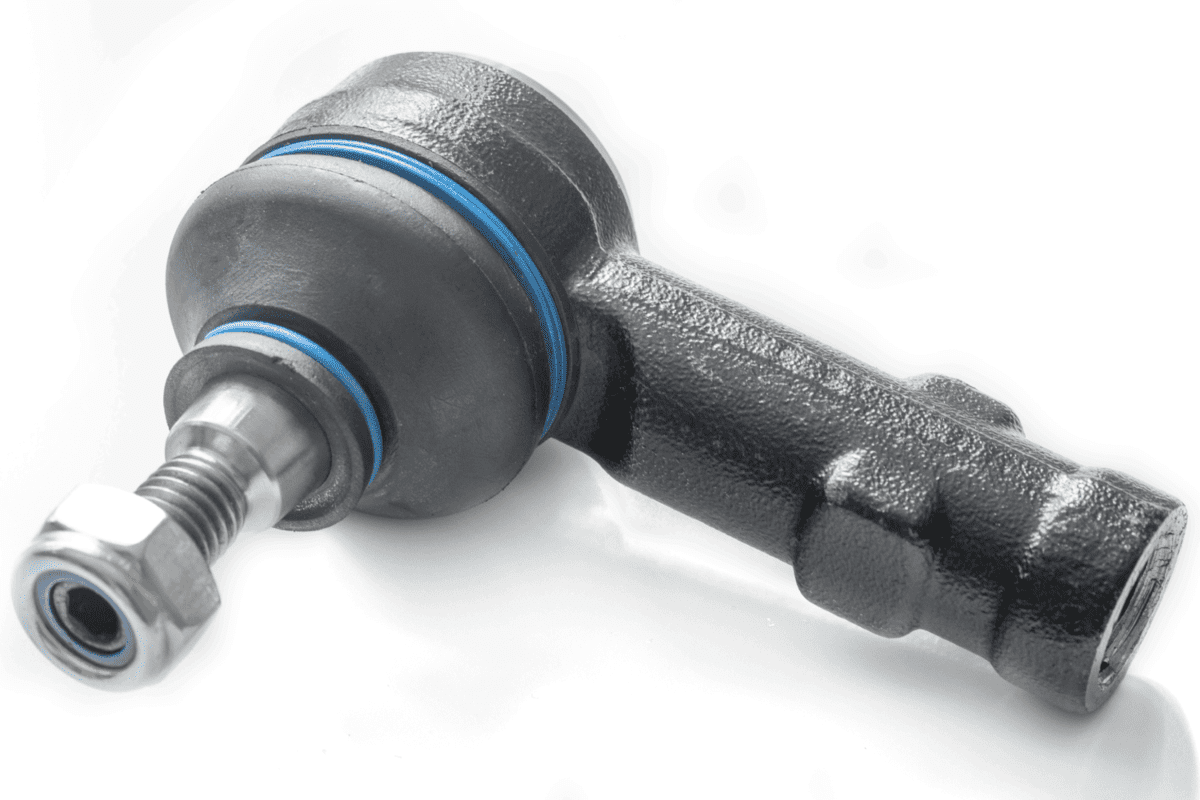 Black steering rod tip with blue clamp, rubber anther, and self-tapping nut on a white background