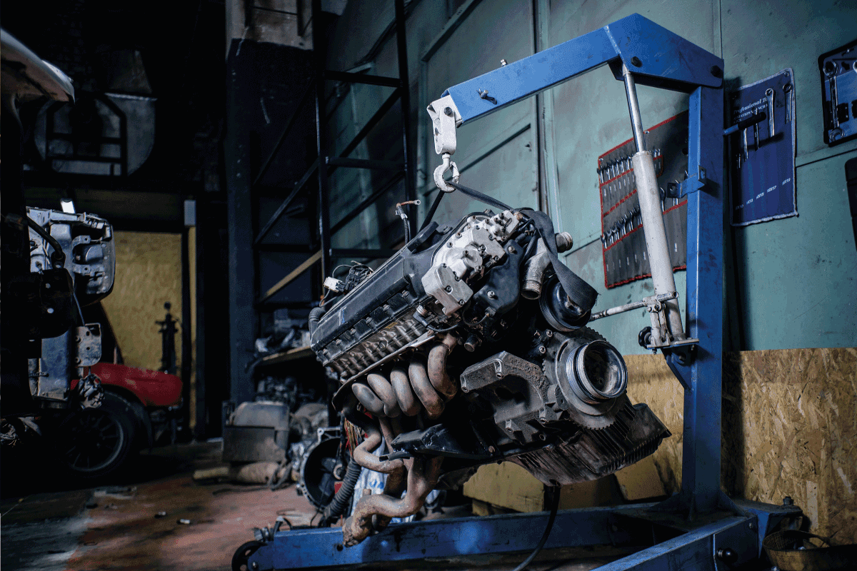 Engine instalation on blue crane hook on car repair service. What To Do After An Engine Replacement