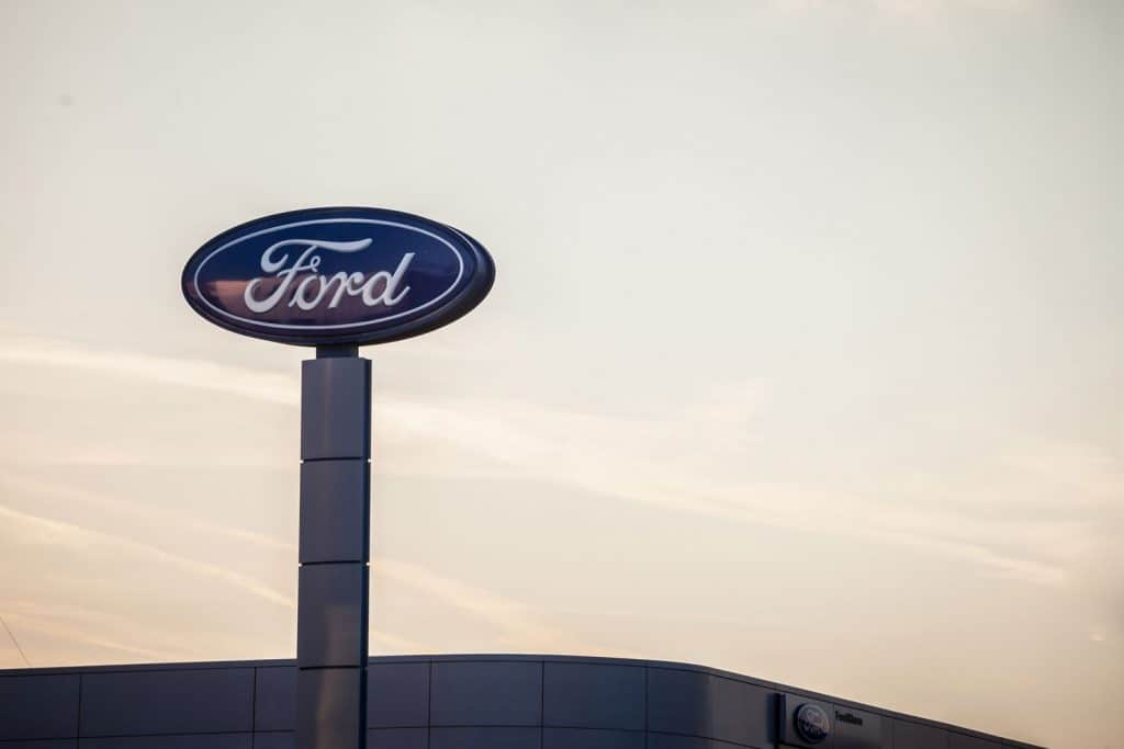 Ford logo on their main dealership store Belgrade. Ford is an American car and automotive manufacturer, the second biggest in the USA
