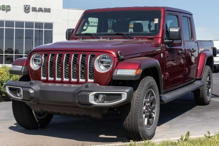 Jeep Gladiator display at a Jeep Ram dealer, What Size Camper Can A Jeep Gladiator Tow? [Inc. 5 Examples!]