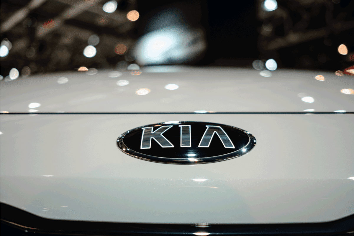 Kia car emblem on top of a car with white hood