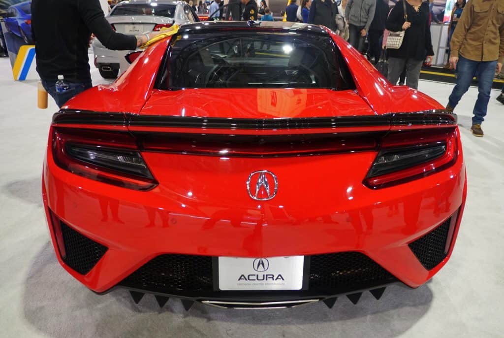 The rear view of red color 2020 Acura NSX sports car