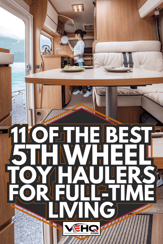 Woman cooking in camper, motorhome RV interior. 11 Of The Best 5th Wheel Toy Haulers For Full-Time Living