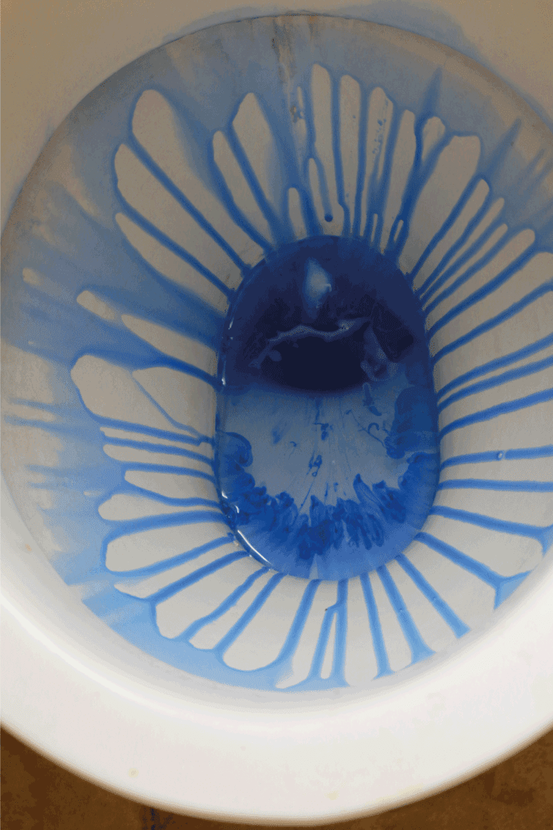toilet bowl inside RV poured with cleaning liquid disinfectant ready to clean bathroom