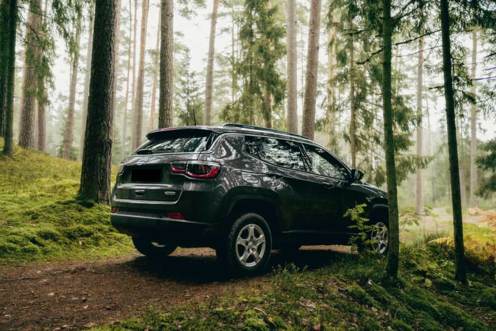 A black Jeep Compass trekking in a foggy forest trail