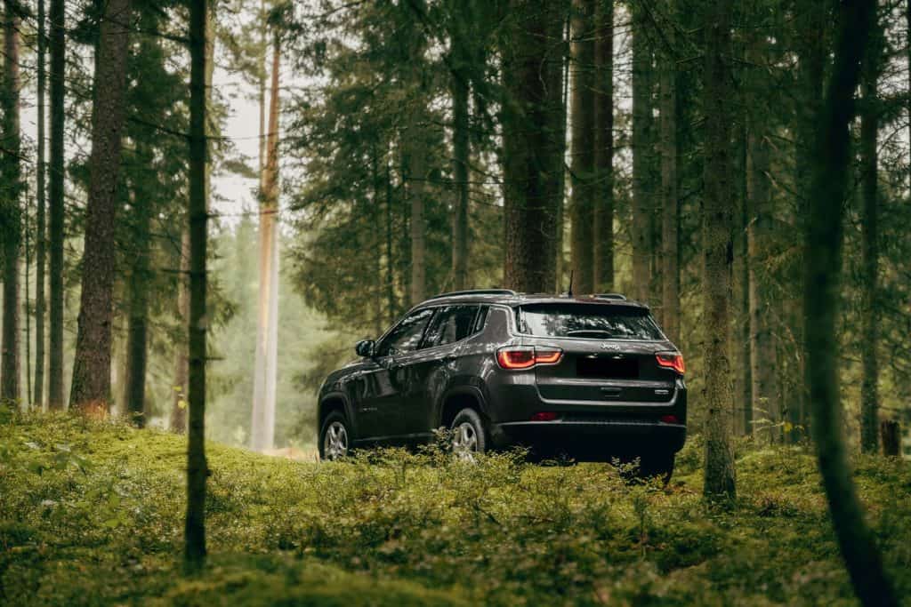 A black Jeep Compass trekking in the dense forest area