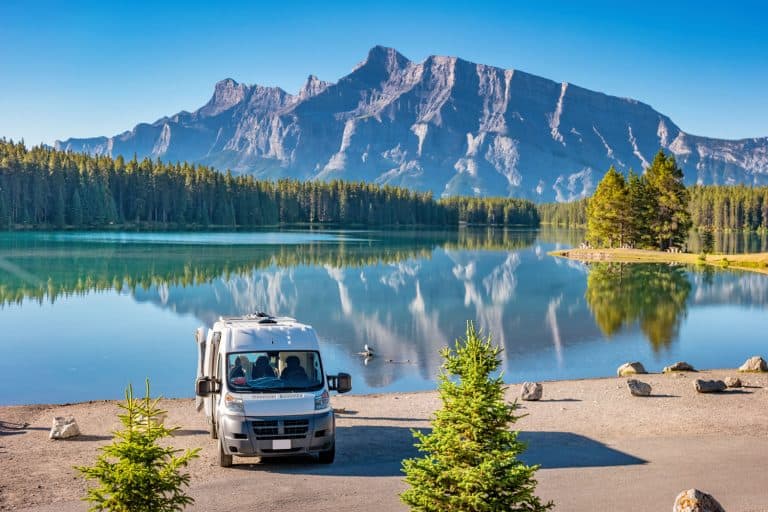 A small motorhome parked near the lake at Banff, Alberta, Canada, How To Clean A TPO RV Roof