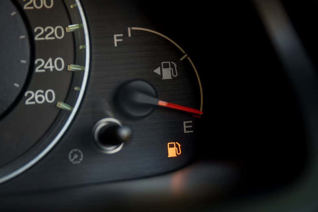 A fuel gauge showing low fuel