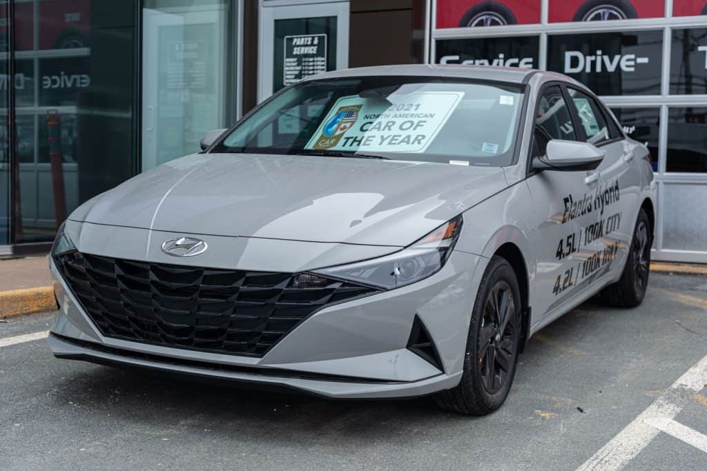 A light gray colored Hyundai Elantra at the dealership