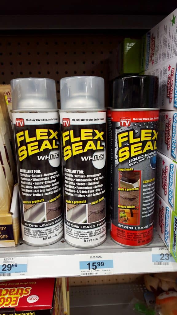 Flex Seal as seen on TV for sale on store shelf inside of Kmart.