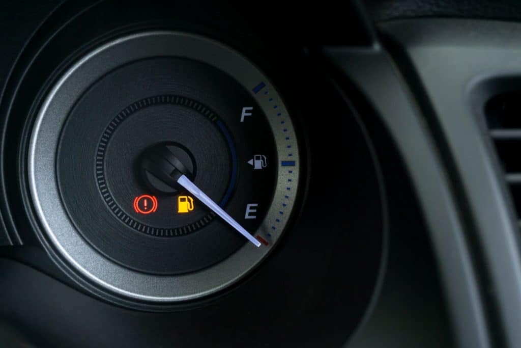 Gas indicator showing low fuel on the dashboard