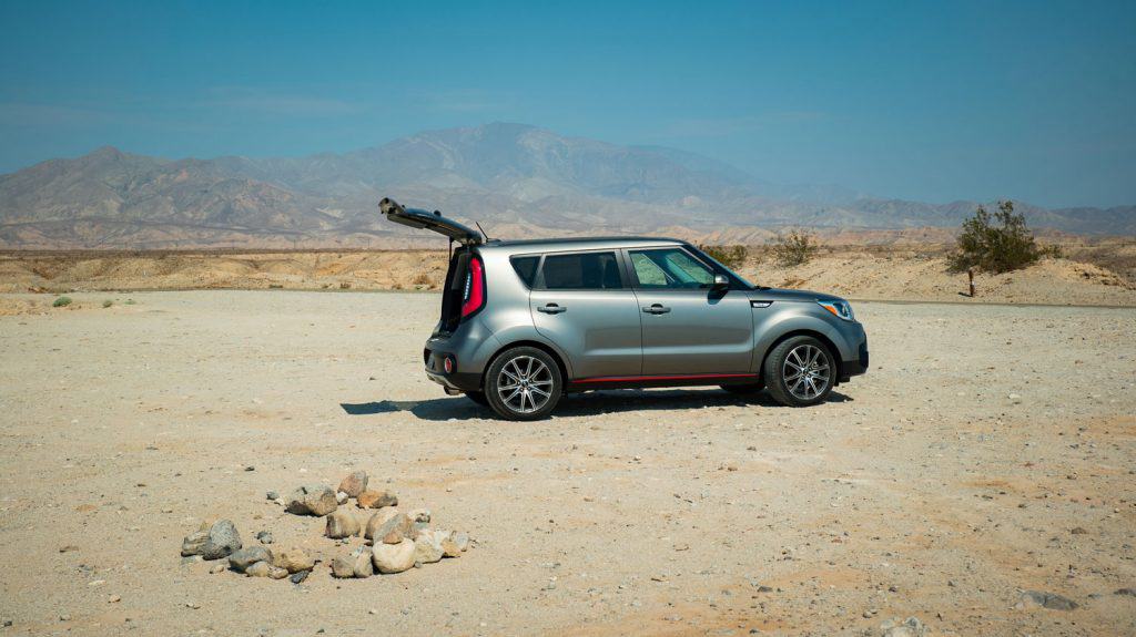  Kia Soul with hatchback open at a desert campsite