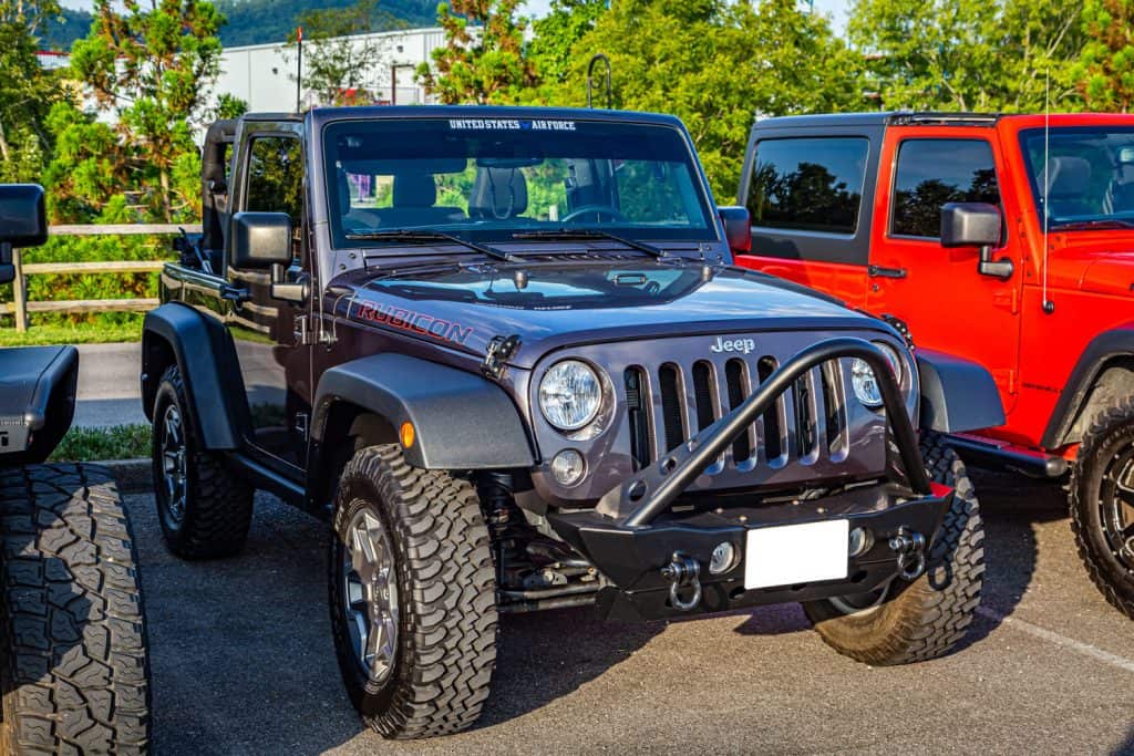 Modified Off Road Jeep Wrangler JK Rubicon Unlimited Hardtop at a local enthusiast rally.