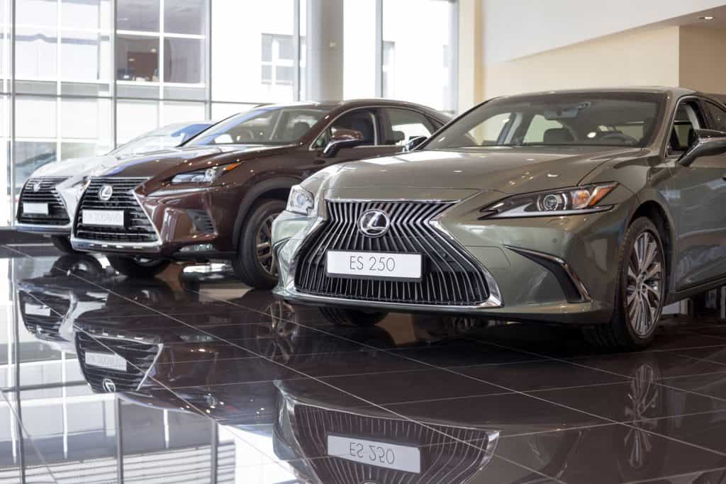 New Lexus cars and SUVs displayed at the dealership