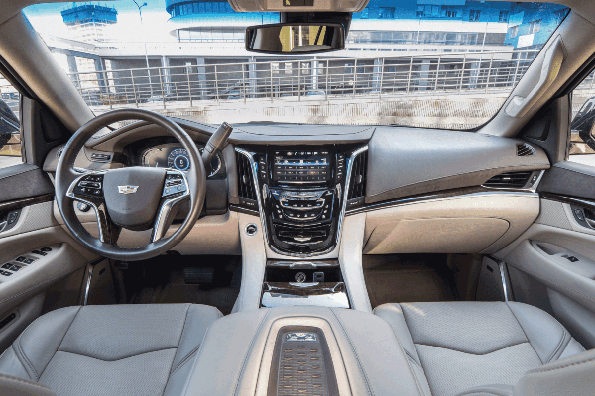 Remarkably elegant interior of Cadillac Escalade. A chic cabin features light beige leather trim, first-rate materials, top-notch construction and handsome styling