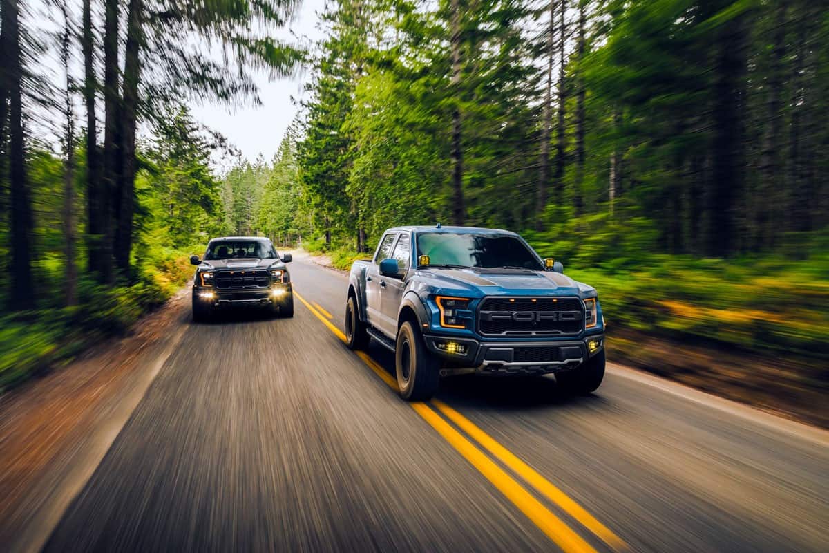 two awesome ford f150 running on the middle of the forest road