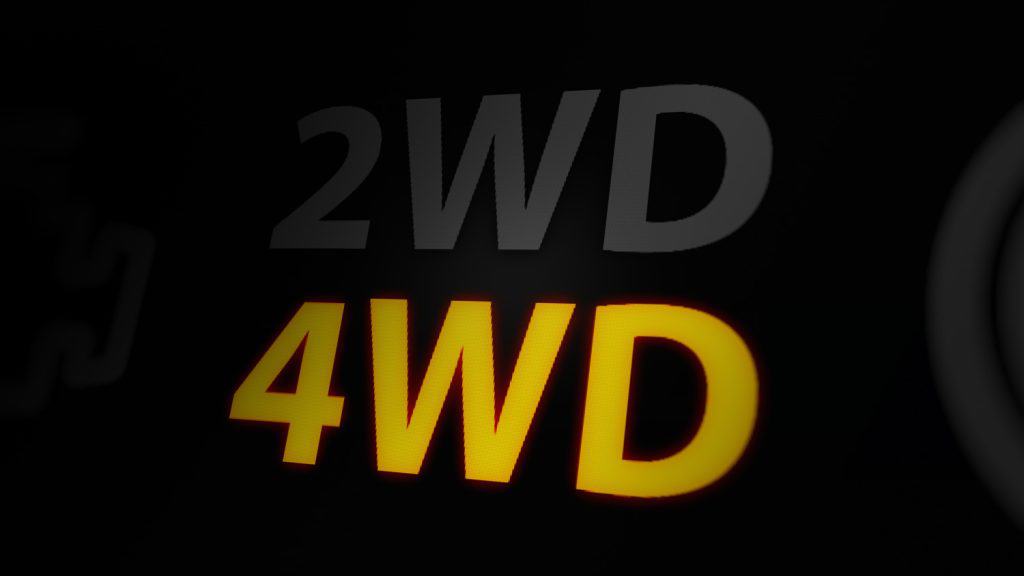 4WD Wheel Drive Indicators on Car Dashboard Screen. 3D illustration.