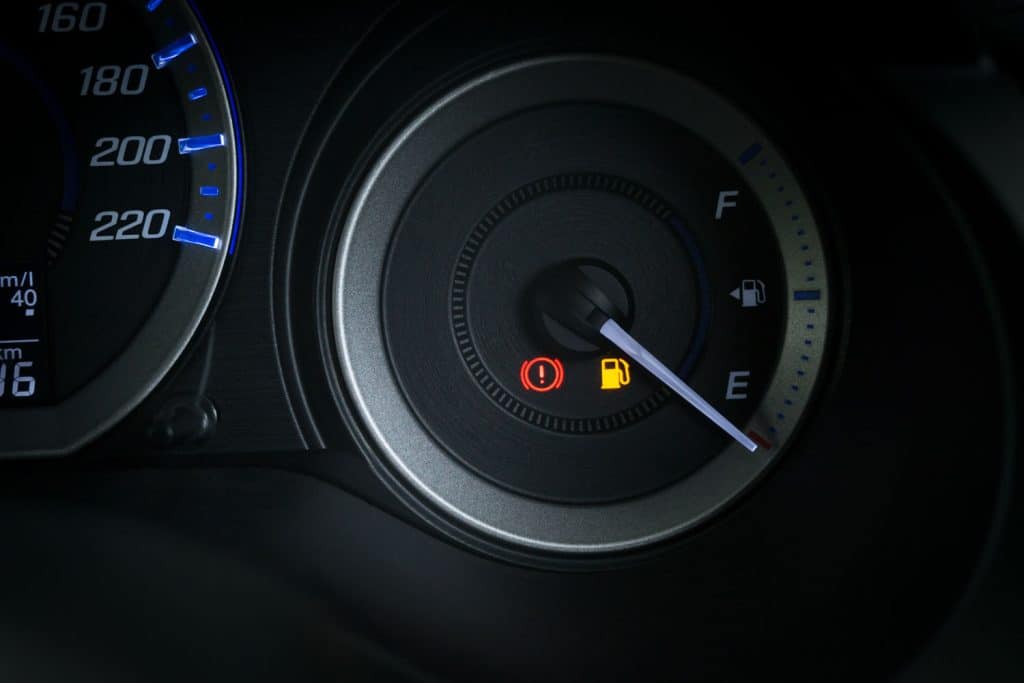 A fuel indicator showing low fuel