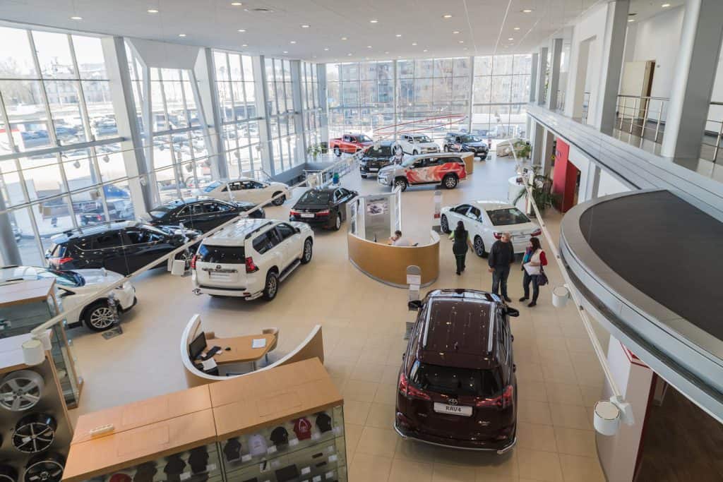 Cars in showroom of dealership Toyota 