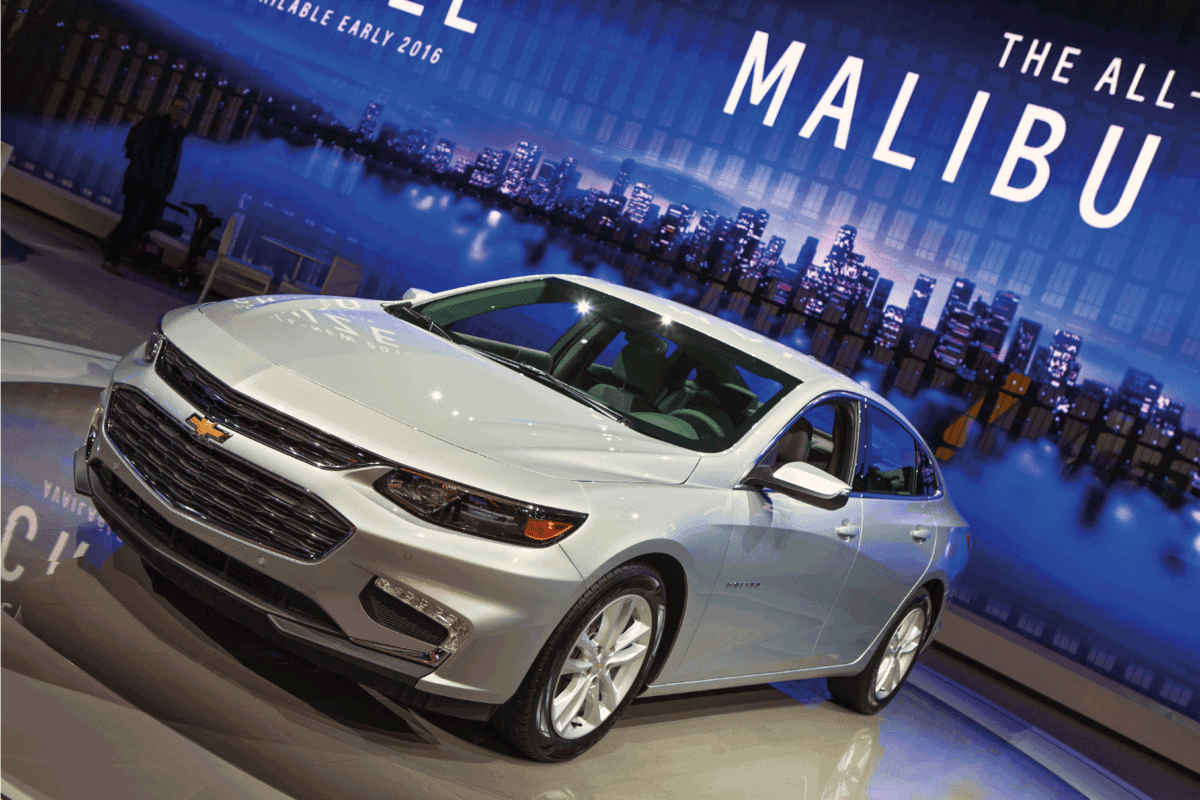 Chevy Malibu on display at the North American International Auto Show media preview