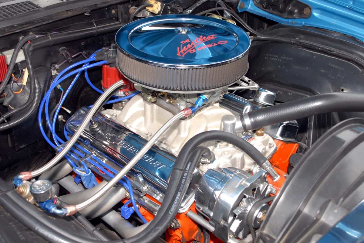 Customized 1971 Chevy Malibu 350 CID V8 engine on display at a car show in Hawthorne, How Much Does It Cost To Rebuild A 350 Chevy Engine?