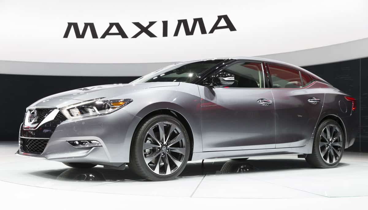 Exterior of Nissan Maxima car on display at New York International Auto Show at Javits Center