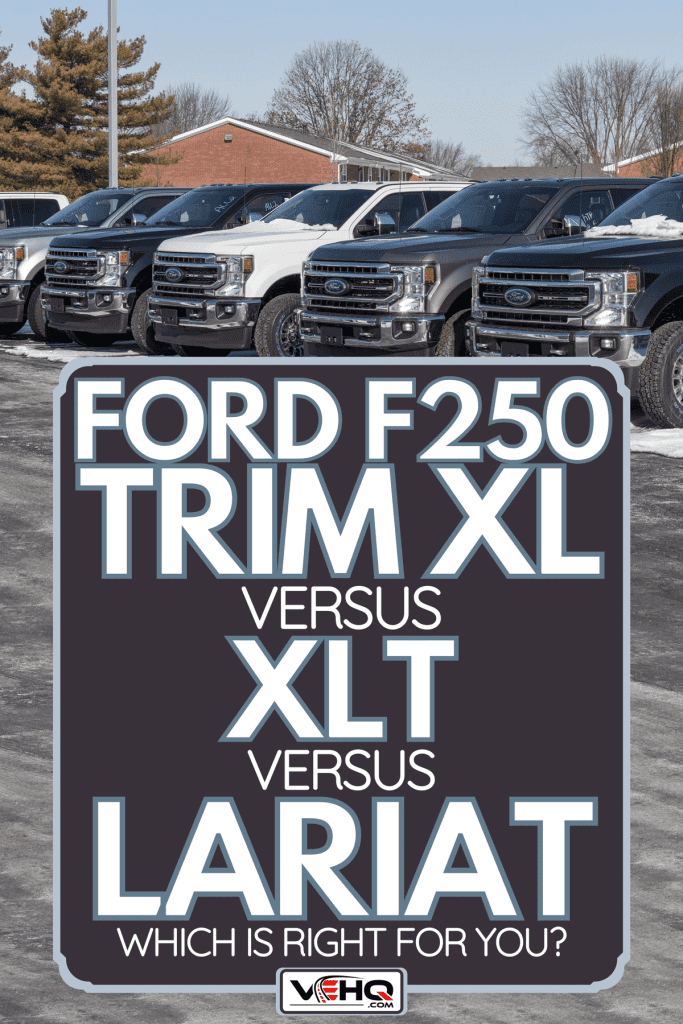 Ford F-250 series display at a dealership in snow, Ford F250 Trim XL Vs. XLT Vs. LARIAT - Which Is Right For You?