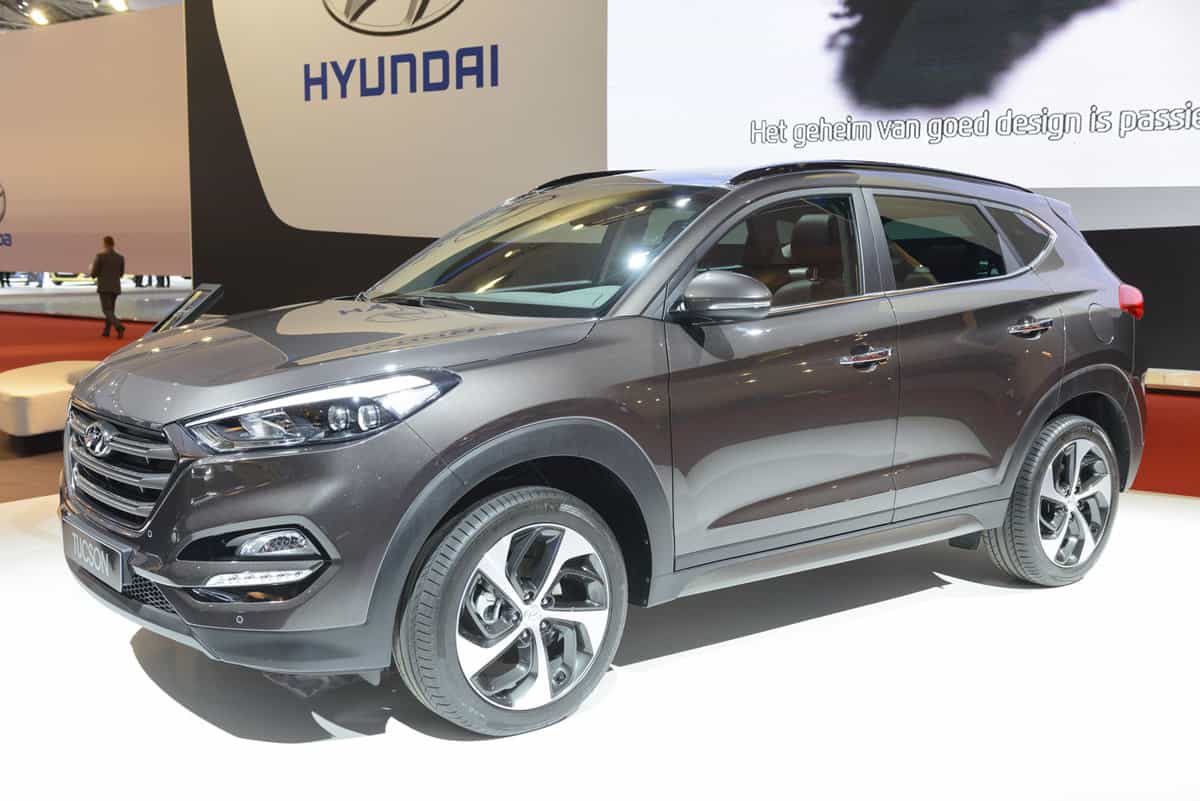Hyundai Tucson compact SUV on display during the 2015 Amsterdam motor show