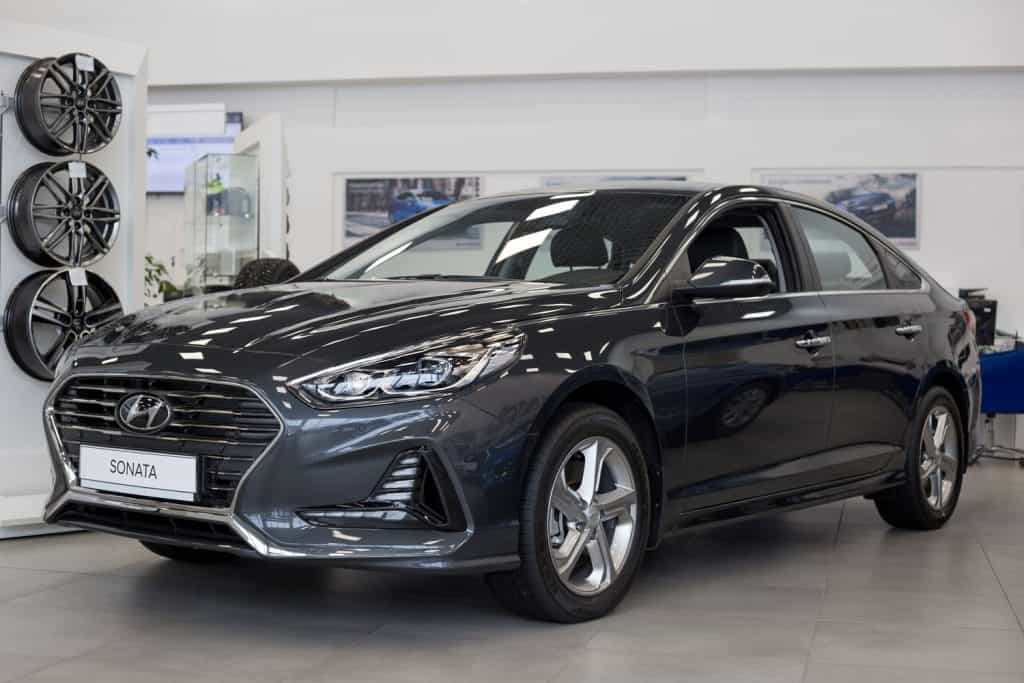 New modern Sonata car in the Hyundai showroom. Famous world brand.