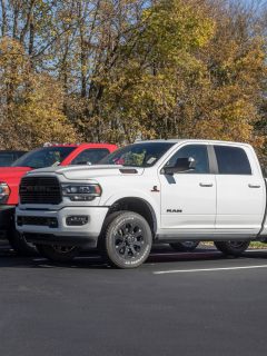 Ram 2500 pickup truck display at a Chrysler dealership,Ram 2500 Tradesman Vs. Big Horn Vs. Laramie —Which Is Right For You?