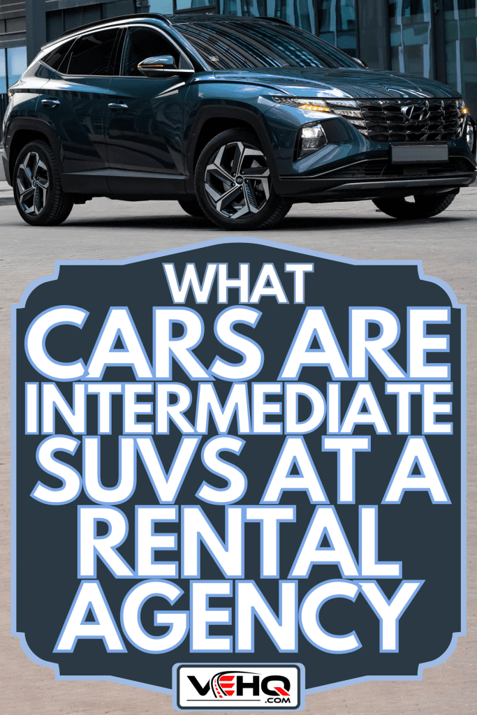 Blue SUV Hyundai Tucson Hybrid stopped on a street, What Cars are Intermediate SUVs at a Rental Agency