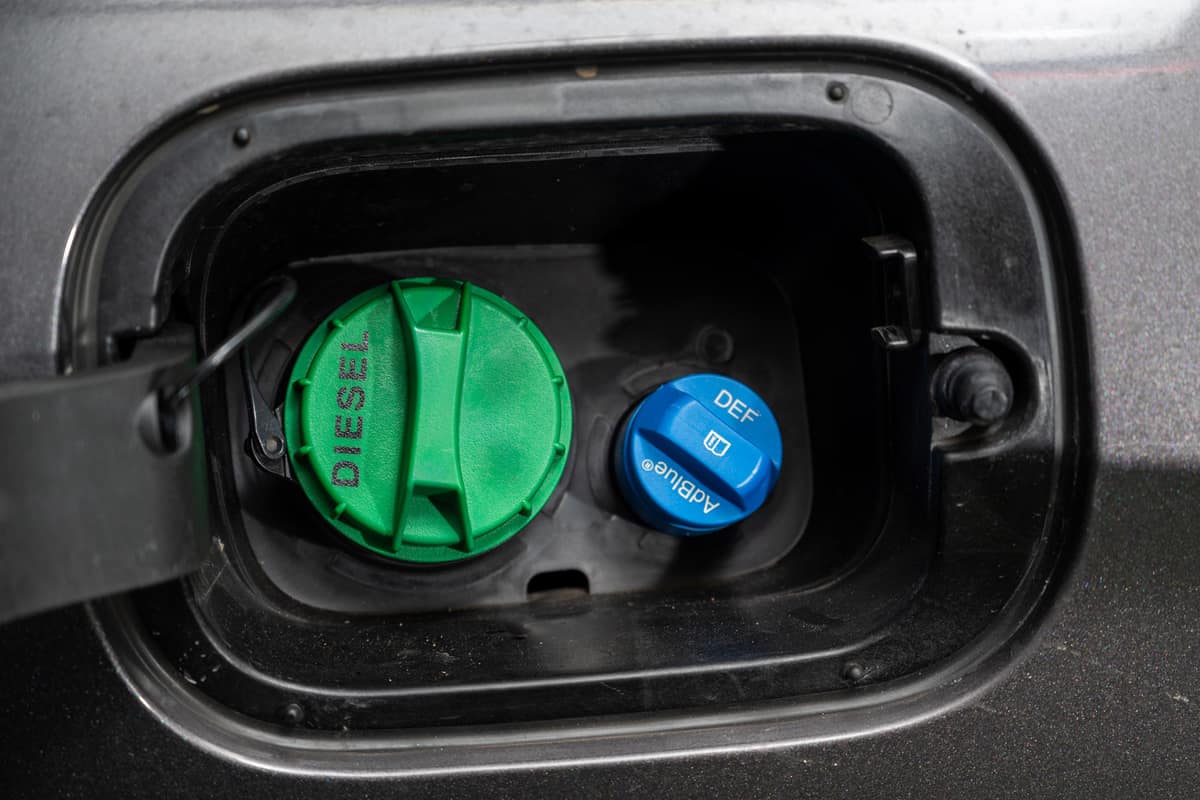 Adblue diesel exhaust fluid DEF and diesel fuel tank cap.