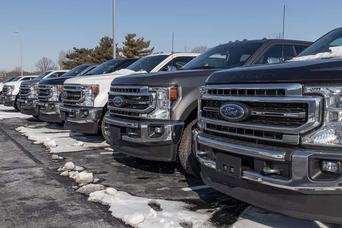 Ford F-250 display at a dealership in snow