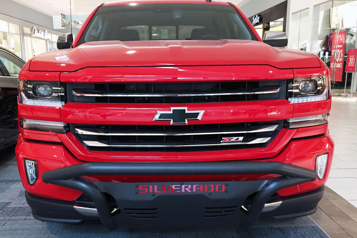 Front end of a new Chevrolet Silverado on display at mall