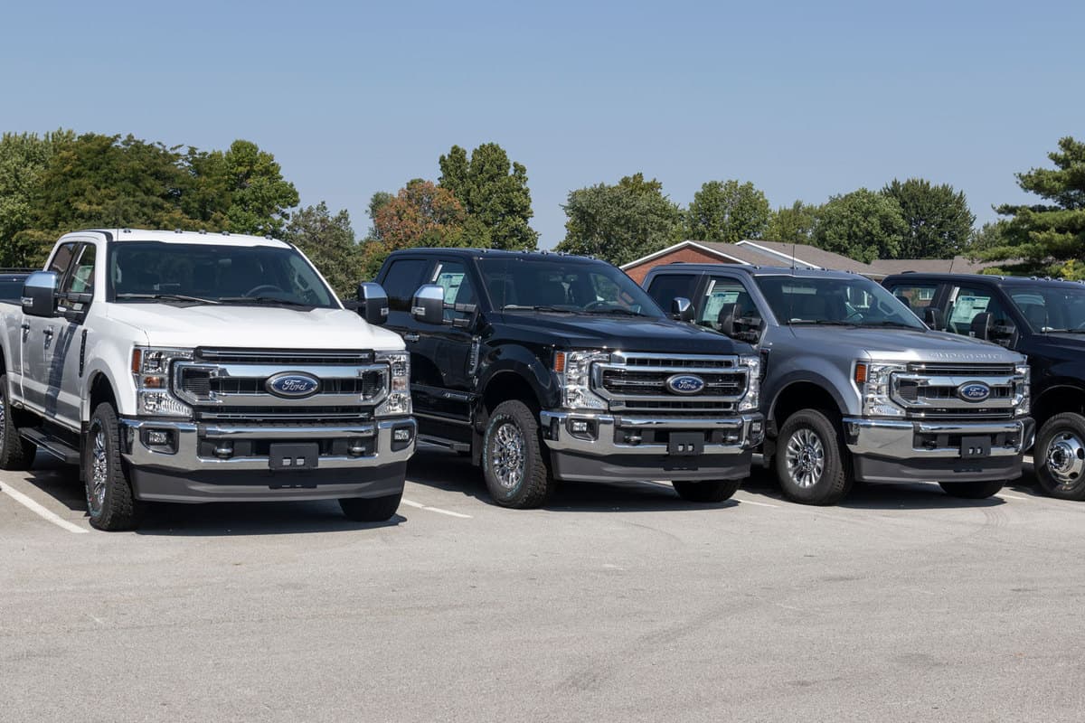 Huge different colors and trims of Ford F250s at a dealership