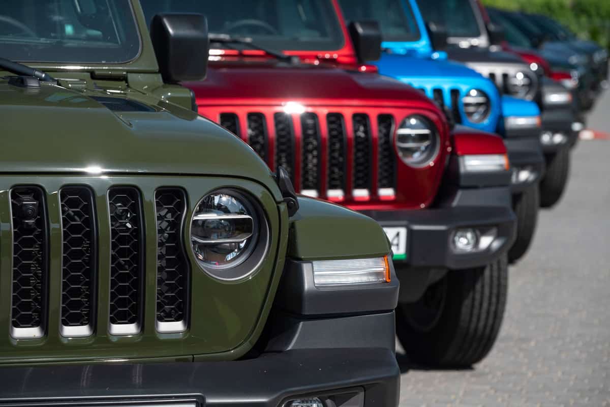 New 2022 Jeep Wranglers line up at a car dealership