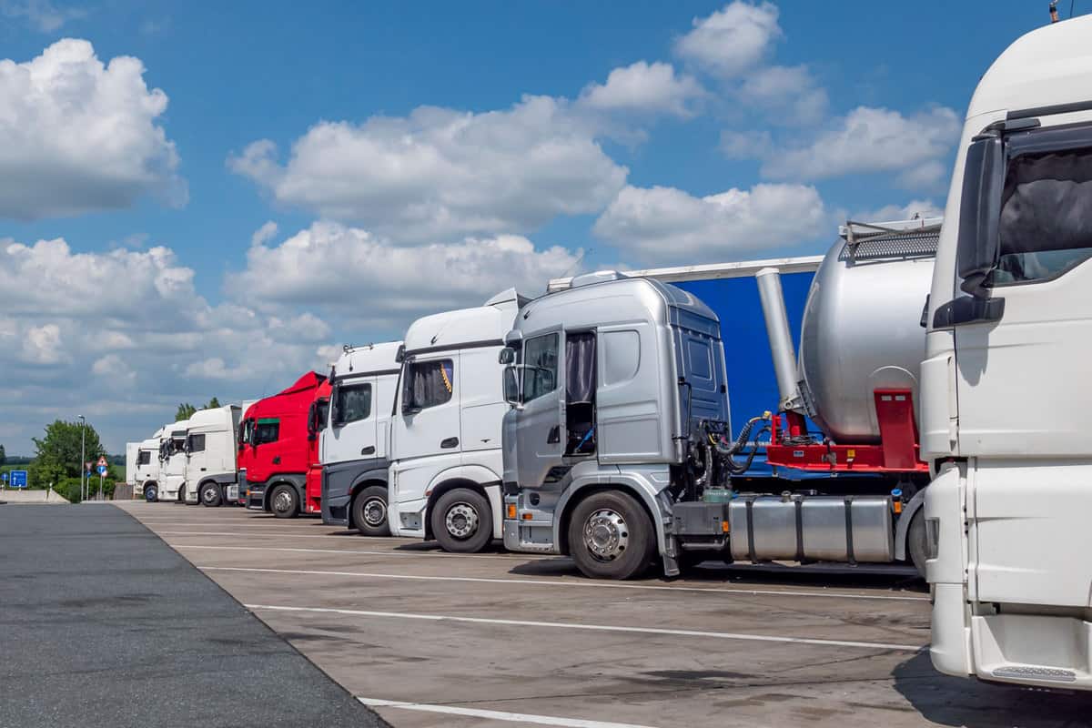 Trucks lined up at a truck stop