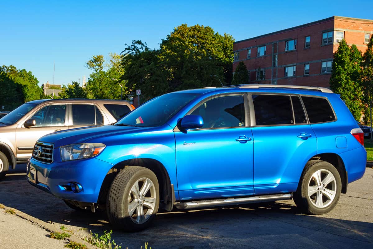 A blue colored Toyota Highlander Sport suv parked in a parking lot