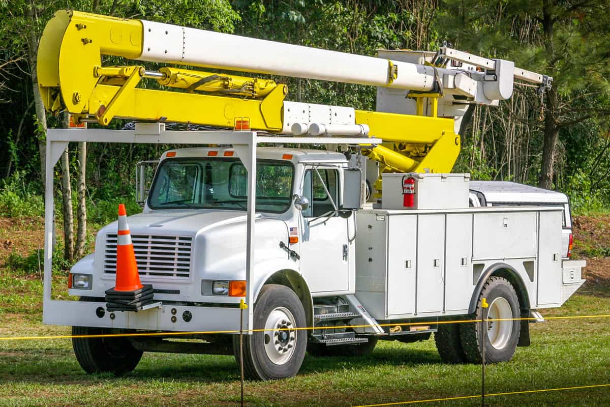A bucket truck used for electric utility duty.