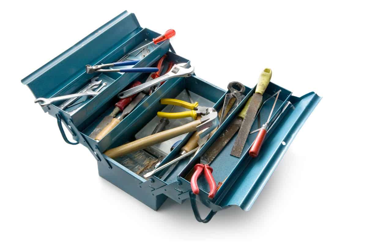 A multi-layered toolbox on a white background