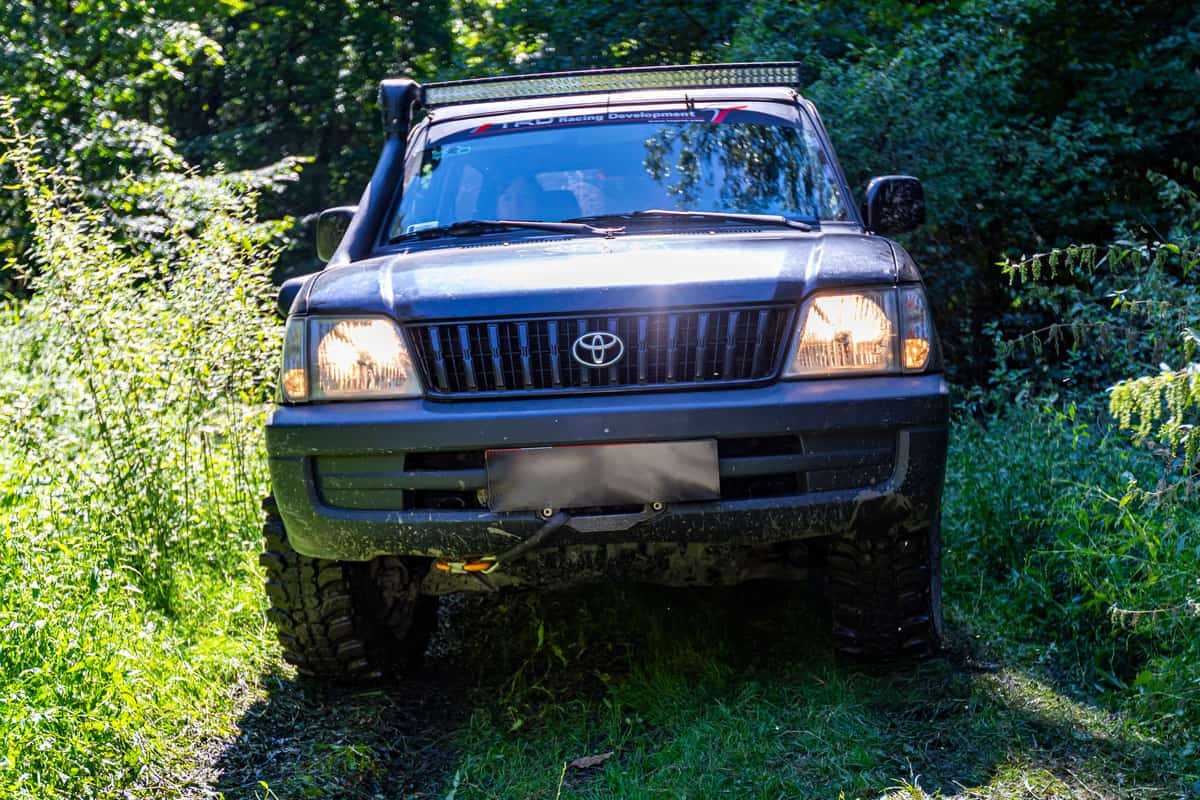 Different 4 wheel drive vehicles are on a off-road trip on the forestry tracks