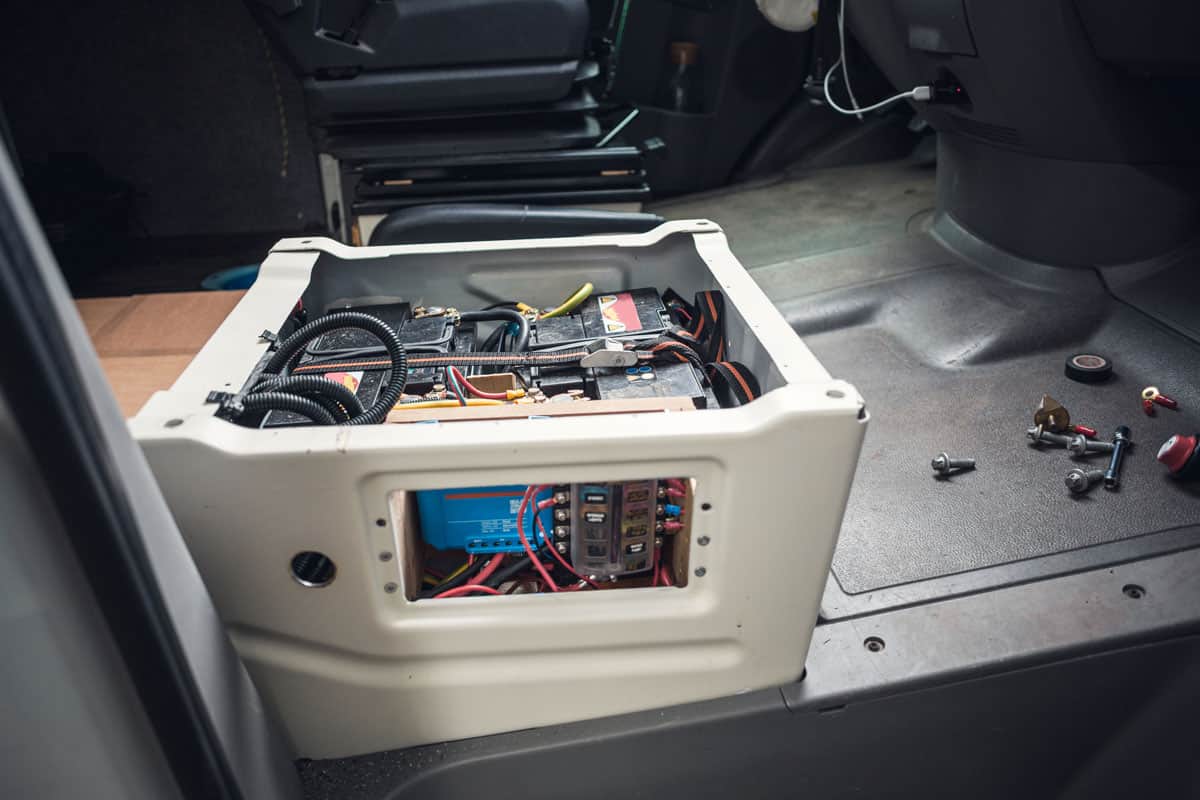Electrical components and additional batteries installed camper build van