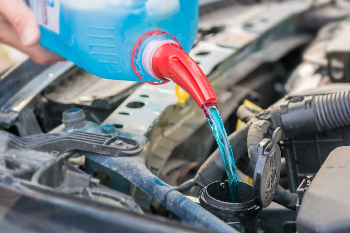 Pouring blue antifreeze to the car