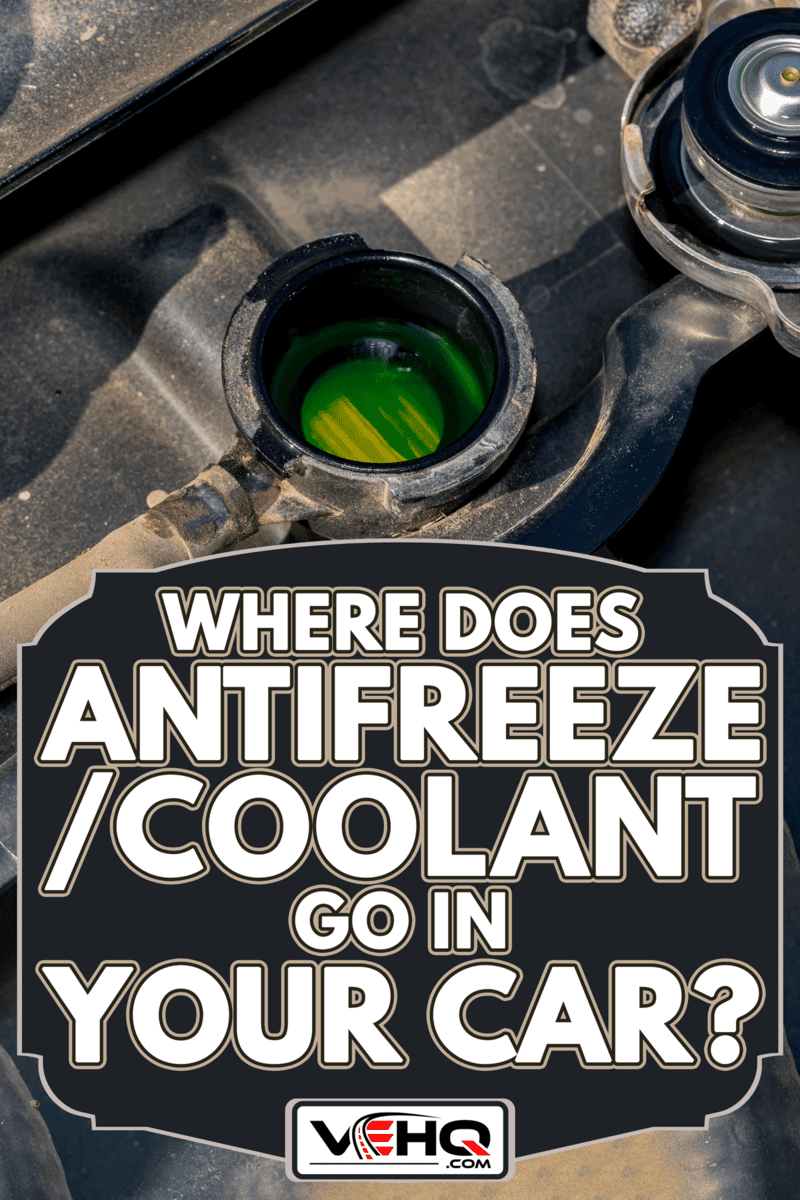 Radiator with cap removed showing green antifreeze coolant level inside, Where Does Antifreeze/Coolant Go In Your Car?